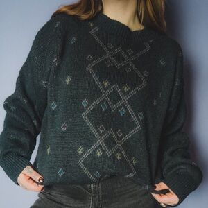Vintage Men's Crewneck Sweater with Geometric Pattern - Teal